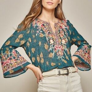 Savanna Jane Embroidered Bohemian Top Size S Floral Bell Sleeve Hippie Tunic